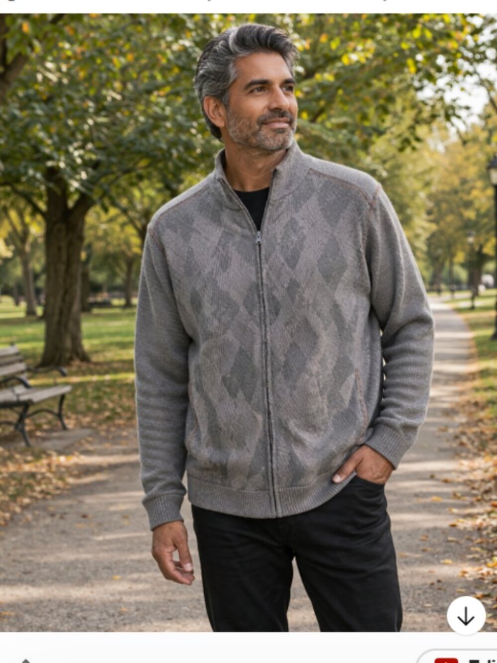 Retrofit Men’s Full Zip Sweater Jacket Gray Argyle Ribbed Large Academia Preppy